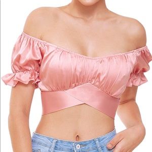 Satin Tied Hem Puff Sleeve Crop Top